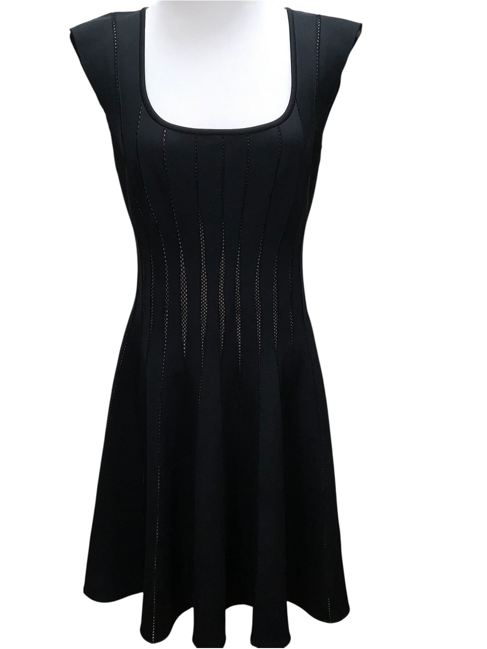 Tadashi Shoji Black Fit & Flare Dress Mesh Panel Square Neck Knee Length Size M